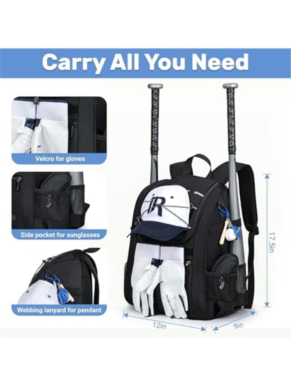 Youth Baseball Bag, Softball Bag for Girls & Boys, Kids T ball Backpack - Picture 4 of 7